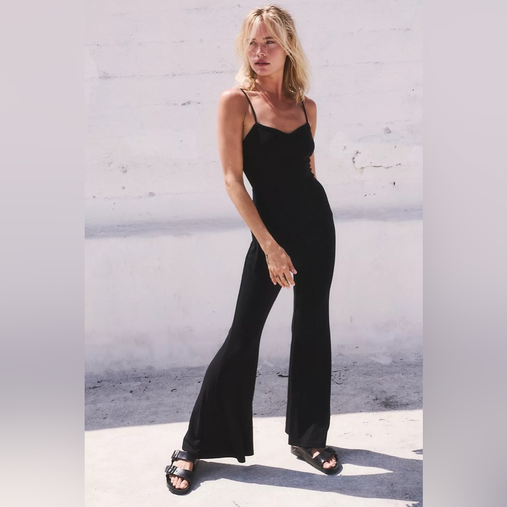 Free People Black Spaghetti-Strap Wide-Leg Jumpsuit